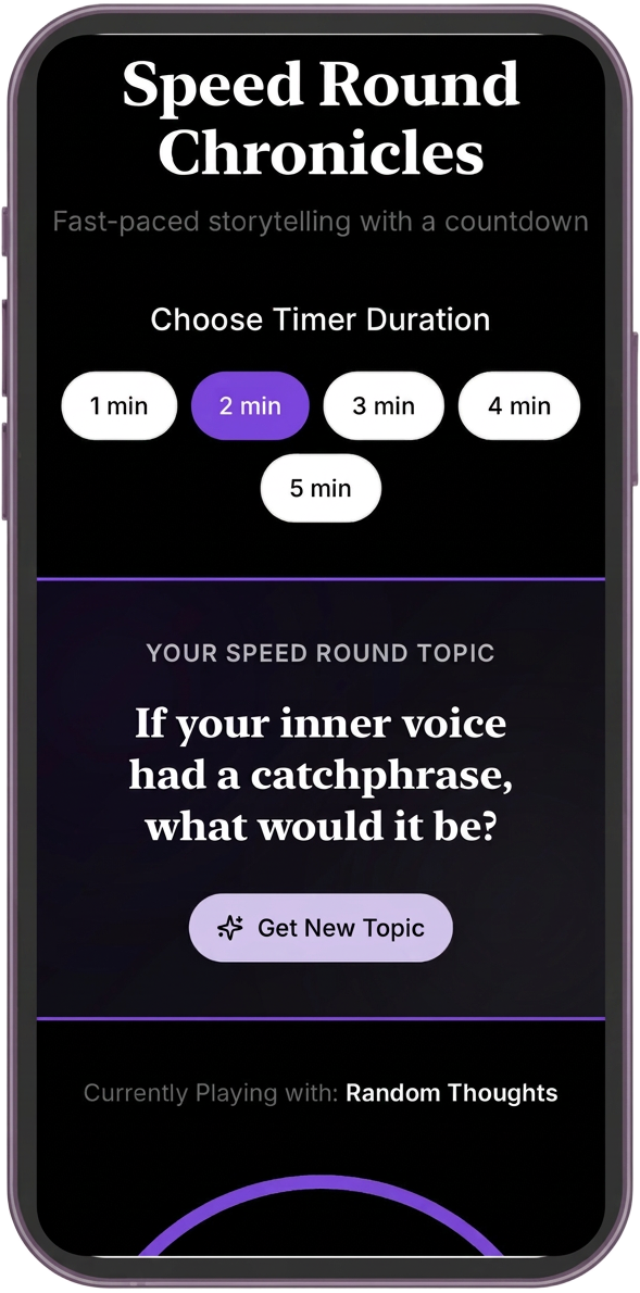 Phone from the I Thought It Was Just Me app showing the Speed Round topic screen